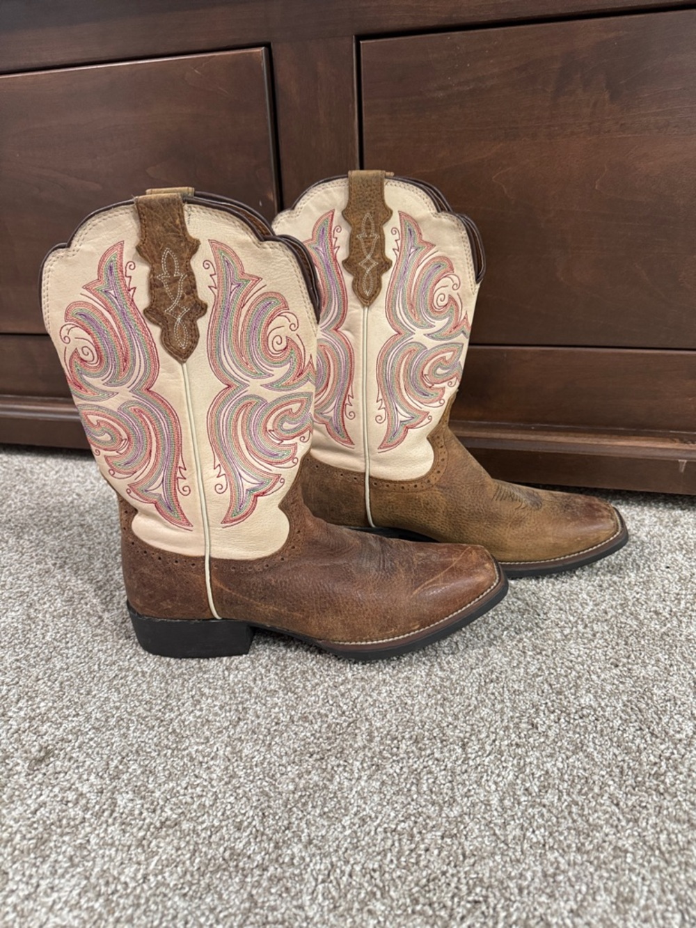 Justin Boots Brown and Cream Western Cowboy Boots with Multicolor Stitching